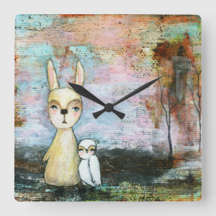 My Best Friend Whimsical Rabbit Owl Woodland Art Square Wall Clock