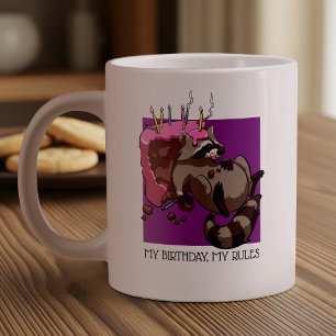 My Birthday My Rules Cake Eating Racoon Cartoon Large Coffee Mug
