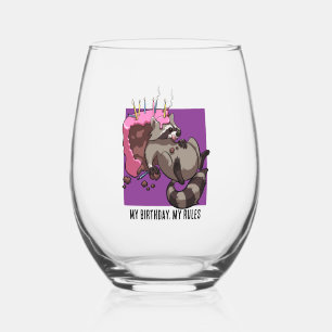 My Birthday My Rules Cake Eating Racoon Cartoon Stemless Wine Glass