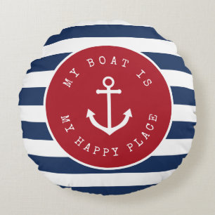 My boat is my happy place nautical round pillow