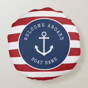 My boat is my happy place nautical round pillow