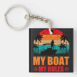 My Boat My Rules Fishing Lovers Sunset Vintage Key Ring