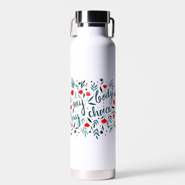 My body, my choice - red flowers  water bottle (Front)