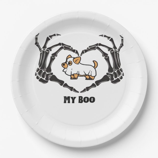My Boo Chihuahua Costume With Skeleton Heart Hands Paper Plate (Front)