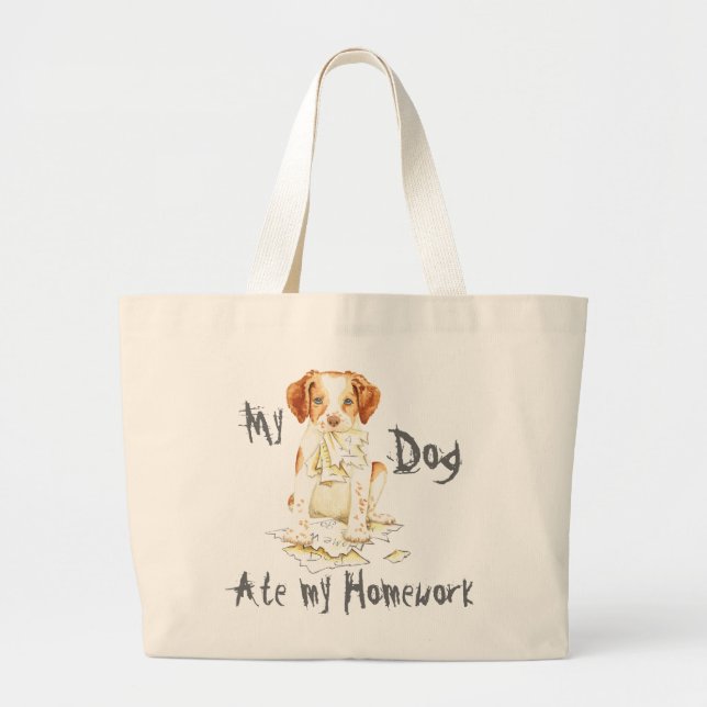 My Brittany Ate My Homework Large Tote Bag (Front)