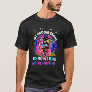 My Broom Broke So Now I Ride My Flamingo Halloween T-Shirt