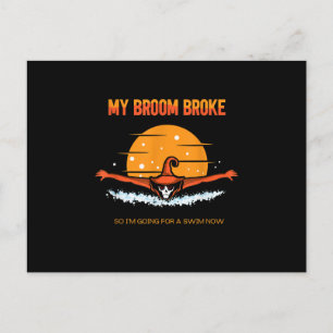 My Broom Broke Swimming Halloween Outfit Design Announcement Postcard