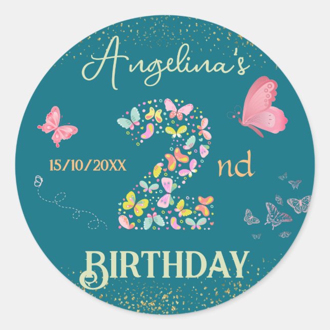 My butterfly is turning two: fluttering butterfly  classic round sticker (Front)