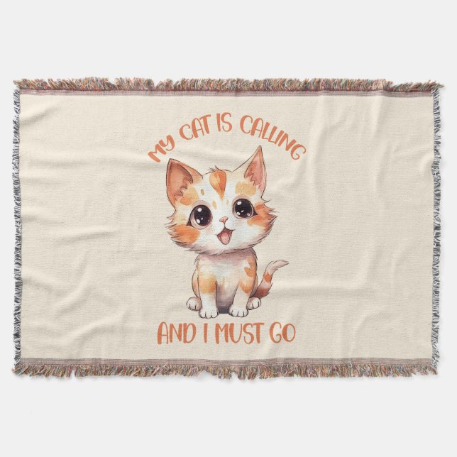 My Cat Is Calling Cute Orange Cat Throw Blanket (Front)