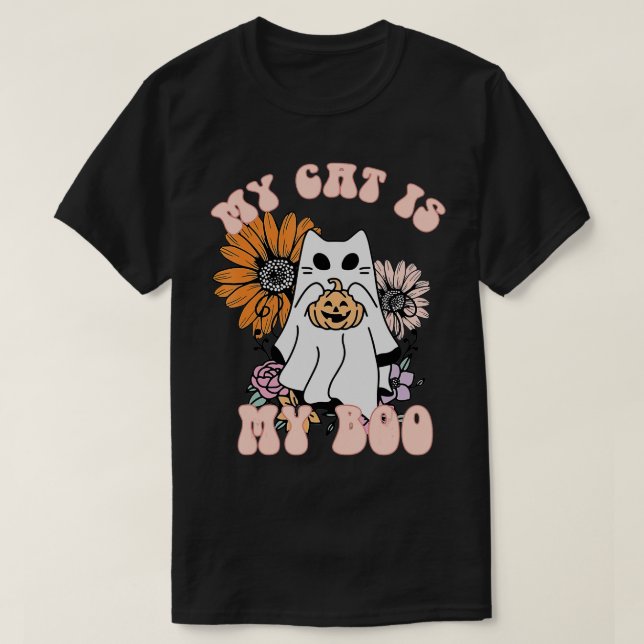 My Cat Is My Boo Floral  Ghost Cat Spooky Hallowee T-Shirt (Design Front)
