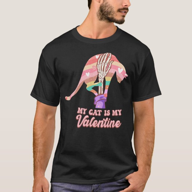 My Cat Is My Valentine Day Skeleton Cute Kitten Bo T-Shirt (Front)