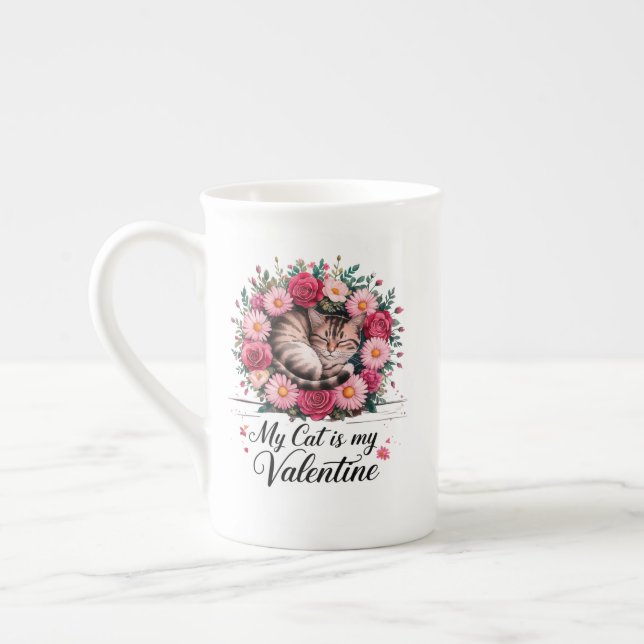 My Cat Is My Valentine Floral Cute Cat LoverDesign Bone China Mug (Left)