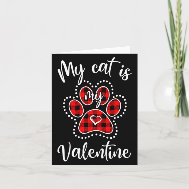 My Cat Is My Valentine Red Plaid Cat Lover Valenti Card (Front)