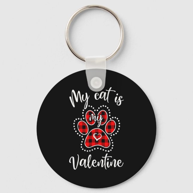 My Cat Is My Valentine Red Plaid Cat Lover Valenti Key Ring (Front)