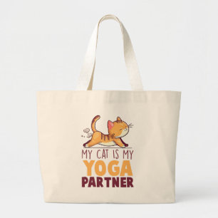My Cat Is My Yoga Partner – Stretching Cat Large Tote Bag