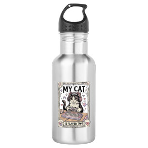 My Cat Is Player Two Cat Gamer Tech Vintage Vector 532 Ml Water Bottle