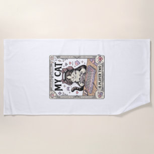 My Cat Is Player Two Cat Gamer Tech Vintage Vector Beach Towel
