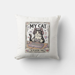 My Cat Is Player Two Cat Gamer Tech Vintage Vector Cushion