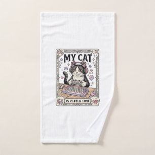 My Cat Is Player Two Cat Gamer Tech Vintage Vector Hand Towel