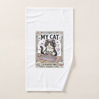 My Cat Is Player Two Cat Gamer Tech Vintage Vector Hand Towel