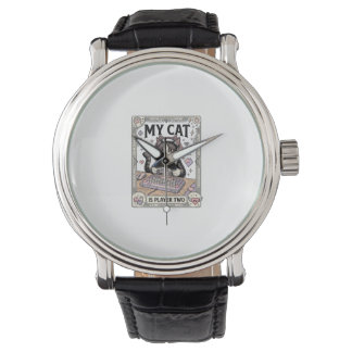 My Cat Is Player Two Cat Gamer Tech Vintage Vector Watch