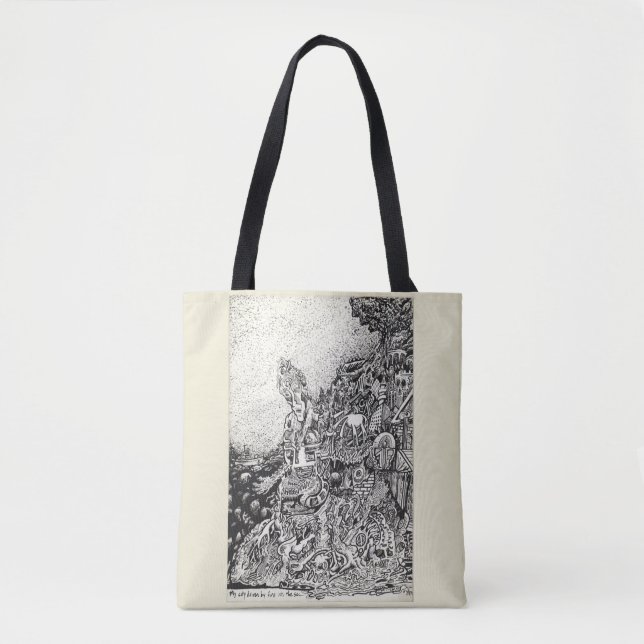 My city driven by fire into the sea tote bag (Front)