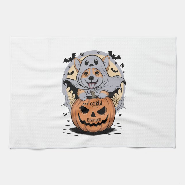My Corgi is My Boo Halloween Tea Towel (Horizontal)