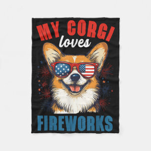 My Corgi Loves Fireworks 4th Of July Patriotic Dog Fleece Blanket