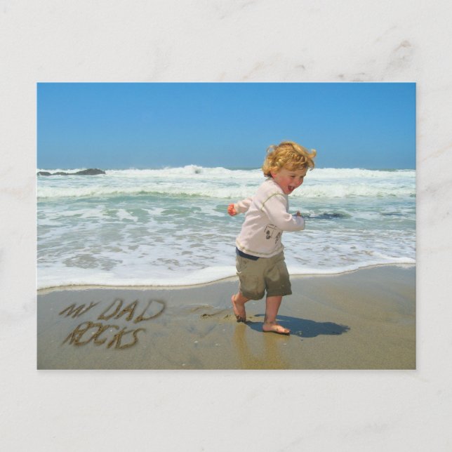 My Dad Rocks! Sand Writing Fun on the Beach Postcard (Front)