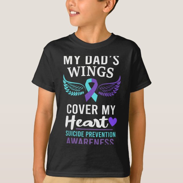 My Dad's Wings Cover Heart Suicide Awareness Ribbo T-Shirt (Front)
