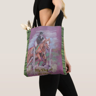 My Day at the Farm Poppy jumping tartan plaid Tote Bag