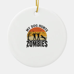 My Dog Hunts Zombies Vintage Halloween Dog Art_1 Ceramic Tree Decoration