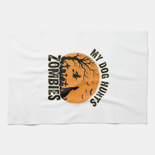 My Dog Hunts Zombies Vintage Halloween Dog Design_ Tea Towel