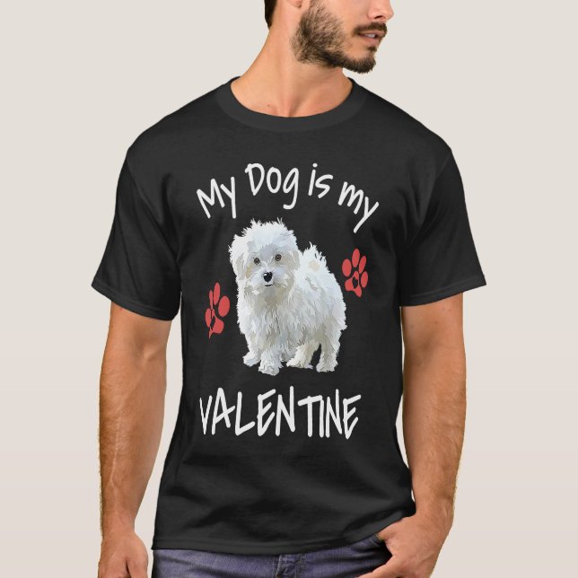 My Dog Is My Valentine Cute Maltese Dog Paw Hearts T-Shirt (Front)