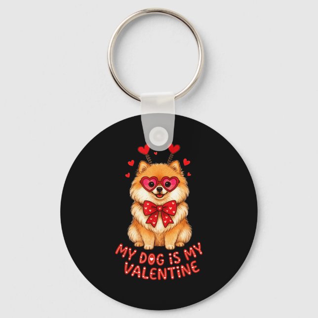 My Dog Is My Valentine Cute Meranian With Heart Gl Key Ring (Front)