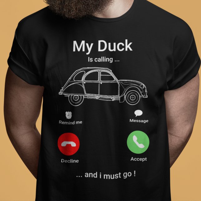 My Duck Is Calling | Funny 2CV Oldtimer Smartphone T-Shirt (2CV T-Shirt in Black with a Red Green and White Smartphone Illustration)