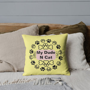 My Dude And Cat Funny Cute Modern Pet Paw Yellow Cushion