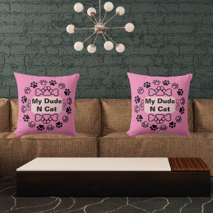 My Dude And Cat Funny Retro Cute Modern Paw Pink Cushion