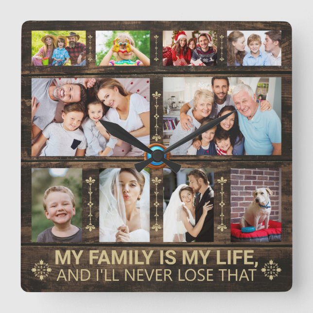 My family is my life wooden family photo collage square wall clock (Front)