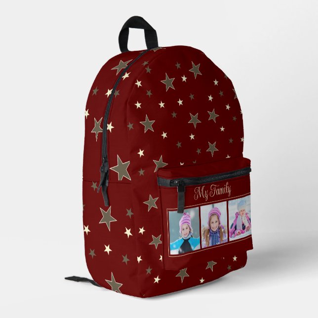 My Family Photos and with Stars on Burgundy Printed Backpack (Back Corner Left)