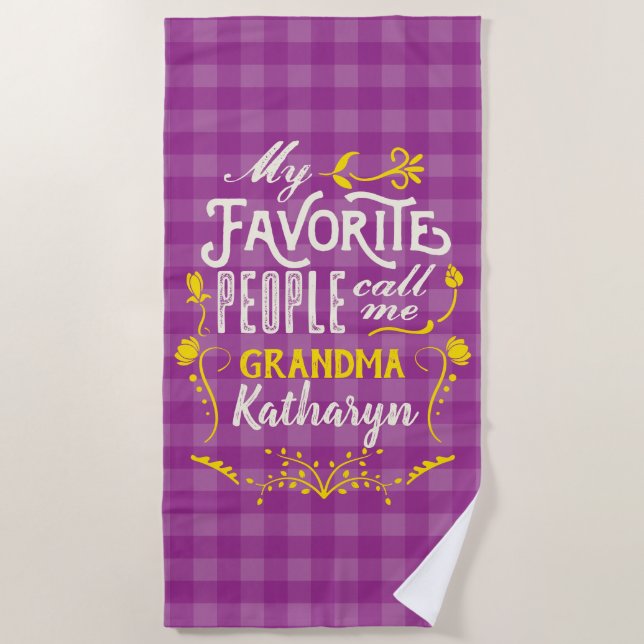 My Favorite People Call Me Grandma Purple Gingham Beach Towel (Front)