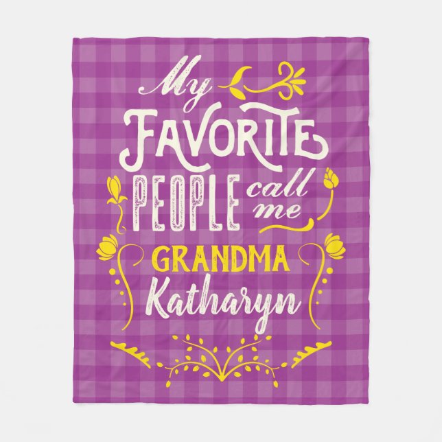 My Favorite People Call Me Grandma Purple Gingham Fleece Blanket (Front)