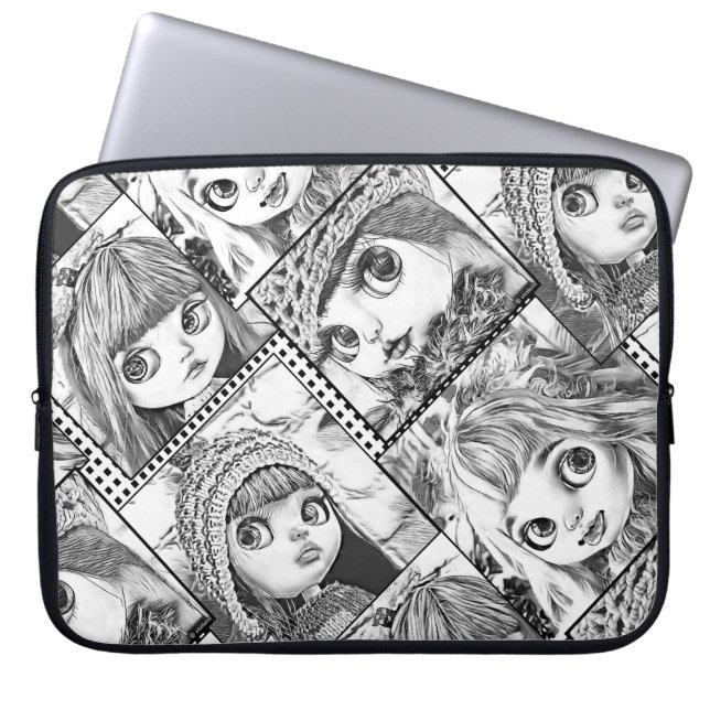My favourite black and white patchwork dolls  laptop sleeve (Front)
