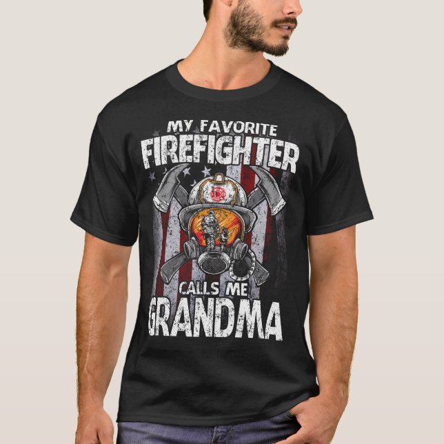 My Favourite Firefighter Calls Me GRANDMA USA Flag T-Shirt (Front)
