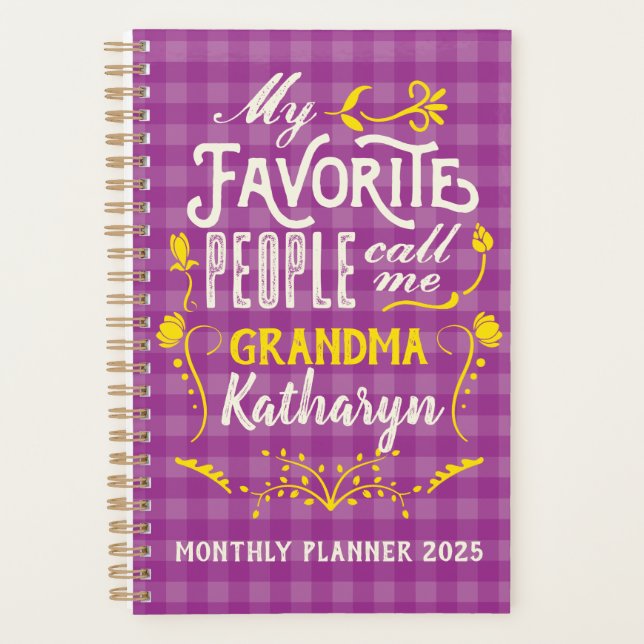 My Favourite People Call Me Grandma Purple Gingham Planner (Front)