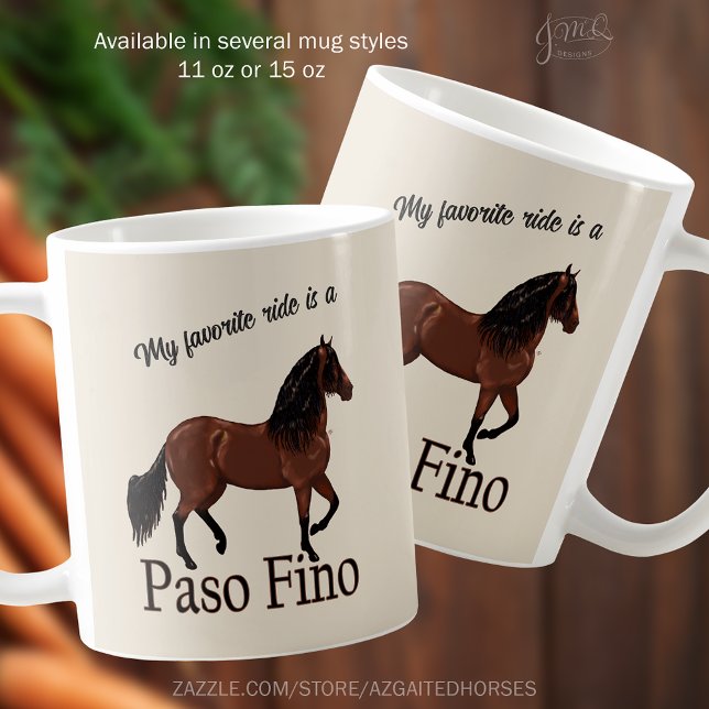 My Favourite Ride is a Paso Fino Horse Equestrian Coffee Mug (Beige ceramic mug with illustration of a Paso Fino horse and text “My favorite ride is a Paso Fino")