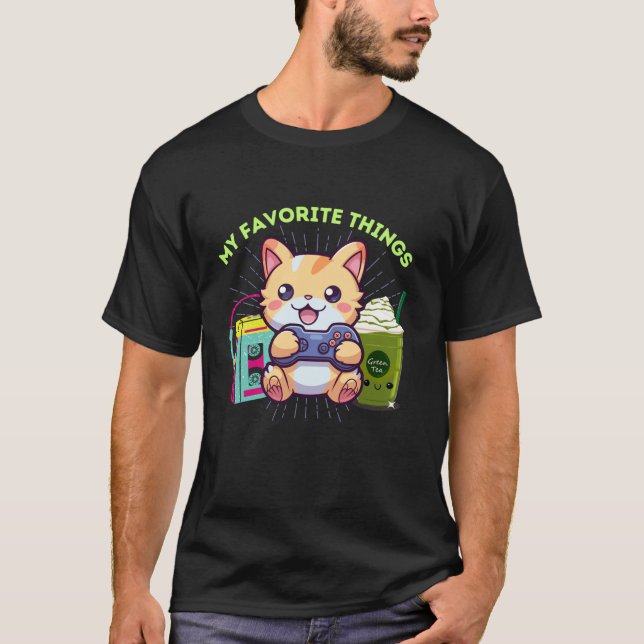 My Favourite Things Gamer Cat Gaming Iced Matcha T T-Shirt (Front)