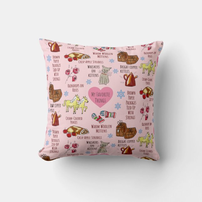 My Favourite Things Hand-Drawn Whimsical Pink Cushion (Front)