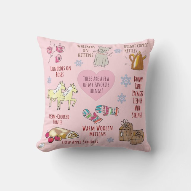 My Favourite Things Sound of Music Pink Hand Drawn Cushion (Front)