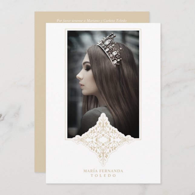 My Fifteen Years Spanish Photo Golden Lace Effect Invitation (Front/Back)